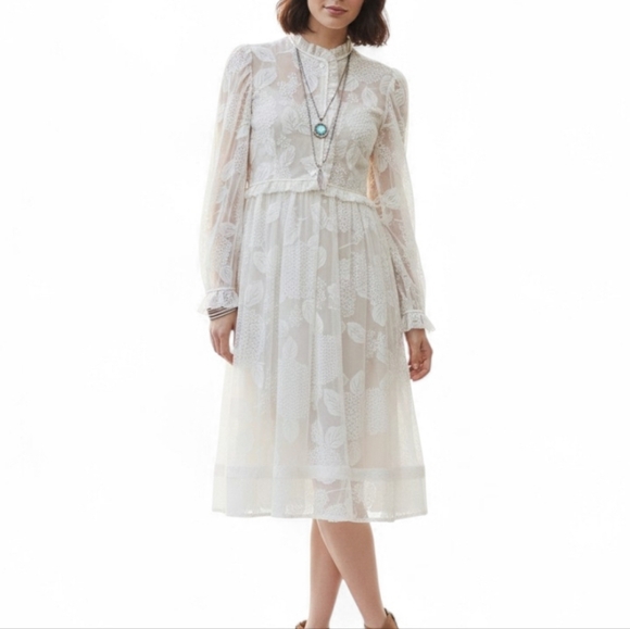 Vintage Other - Vintage 70s White Sheer Devoré Floral Prairie Dress Romantic Boho Midi